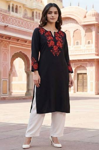 Black embroidered rayon kurta set