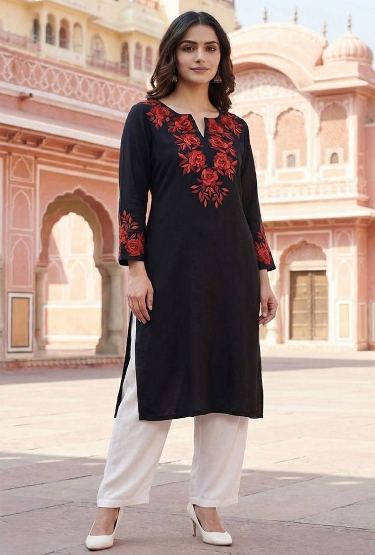 Black embroidered rayon kurta set