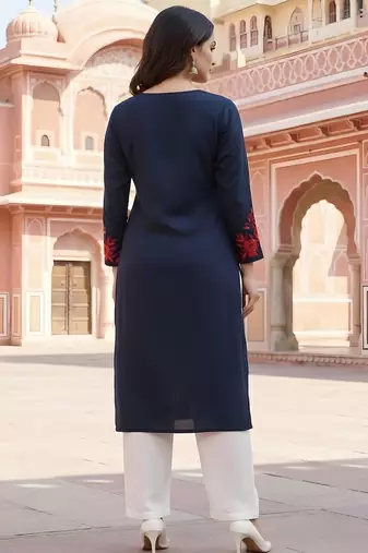 Navy  embroidered rayon kurta set