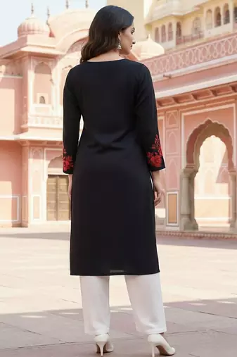Black embroidered rayon kurta set