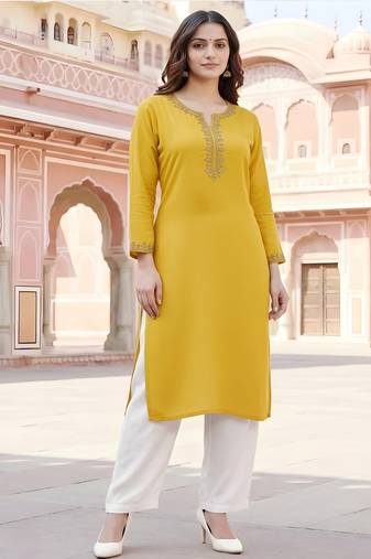 Yellow embroidered rayon kurta set