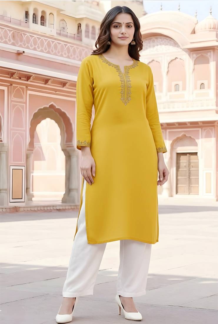 Yellow embroidered rayon kurta set