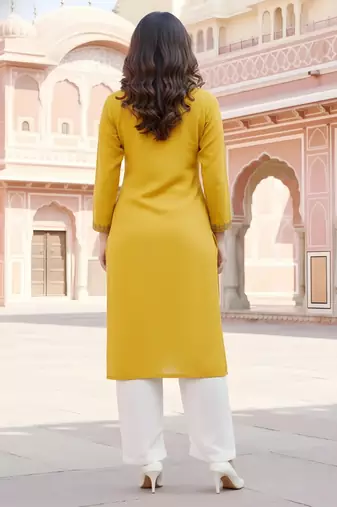 Yellow embroidered rayon kurta set