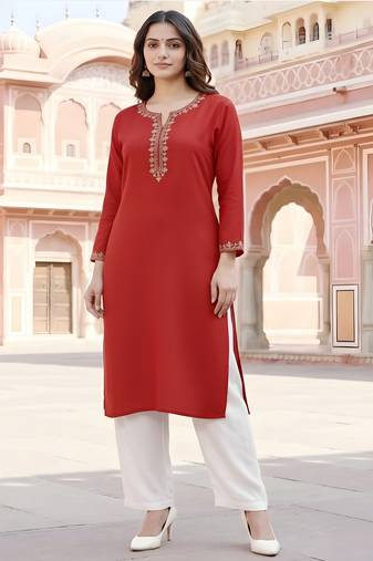 Red embroidered rayon kurta set