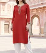 Red embroidered rayon kurta set