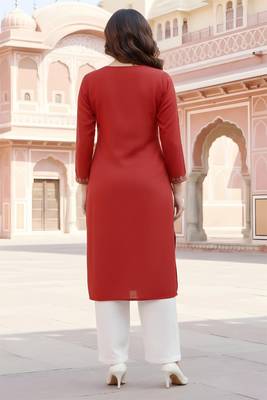 Red embroidered rayon kurta set 2