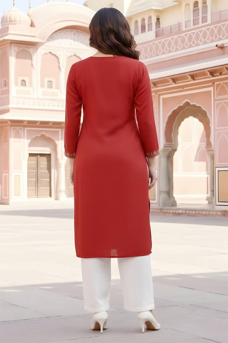 Red embroidered rayon kurta set