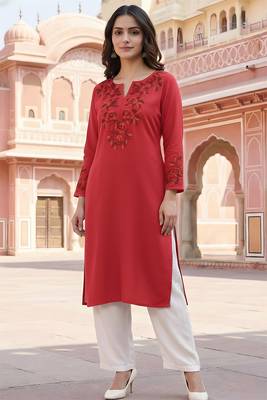 Red embroidered rayon kurta set 3