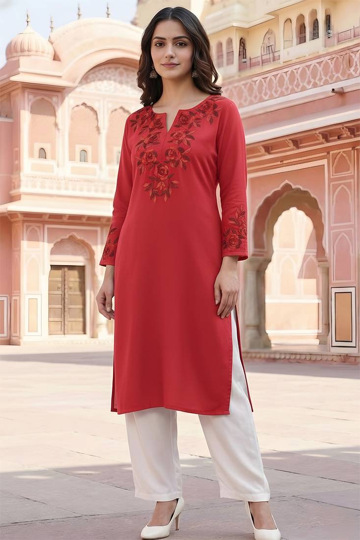 Red embroidered rayon kurta set