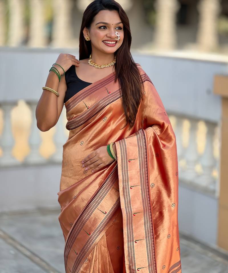 red tissue paithani silk saree with zari weave