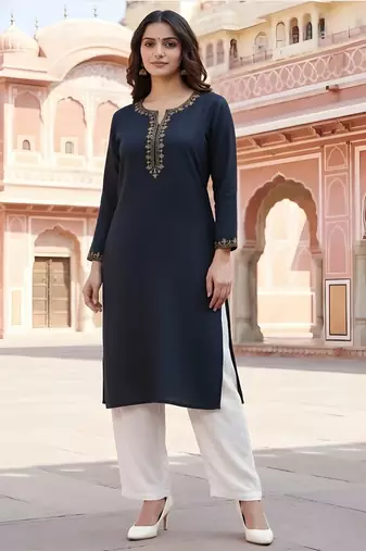 Navy embroidered rayon kurta set