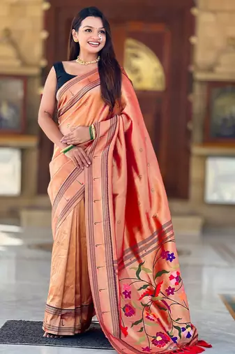 red tissue paithani silk saree with zari weave