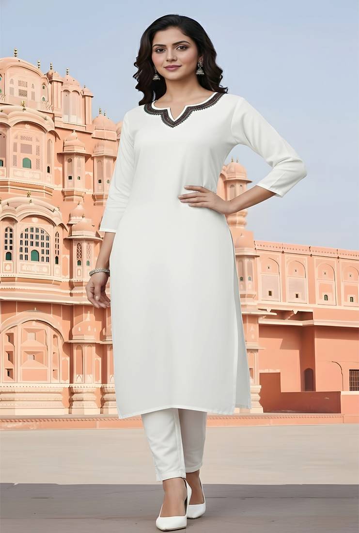 White embroidered rayon kurta set