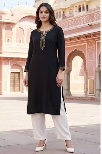 Black embroidered rayon kurta set