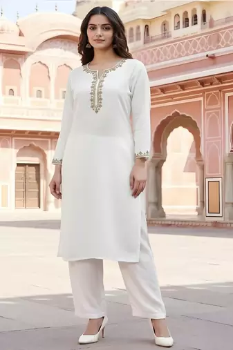 White embroidered rayon kurta set