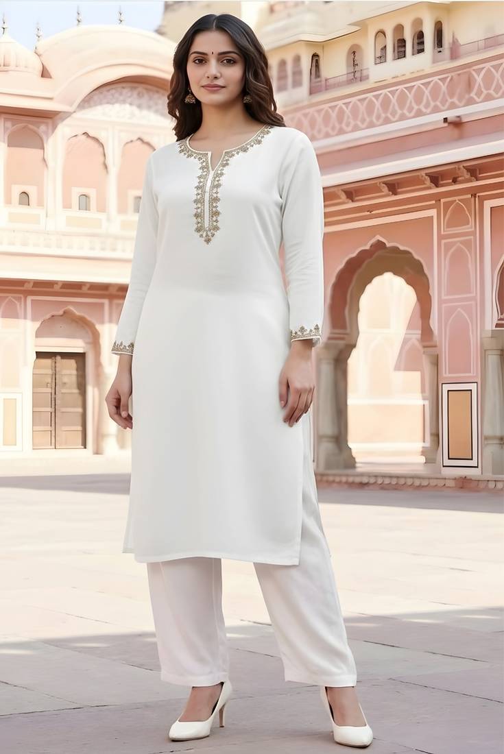 White embroidered rayon kurta set