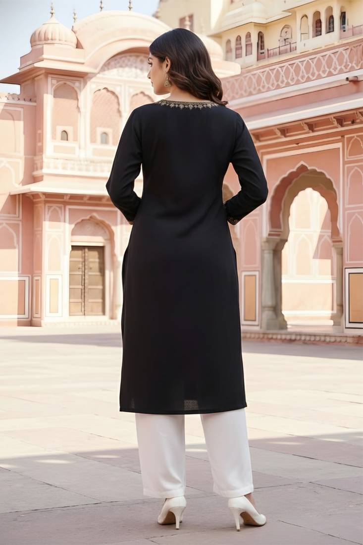 Black embroidered rayon kurta set