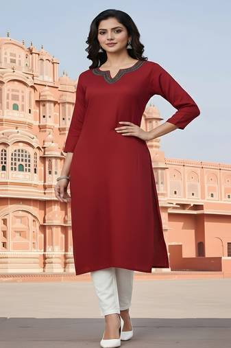 Red  embroidered rayon kurta set