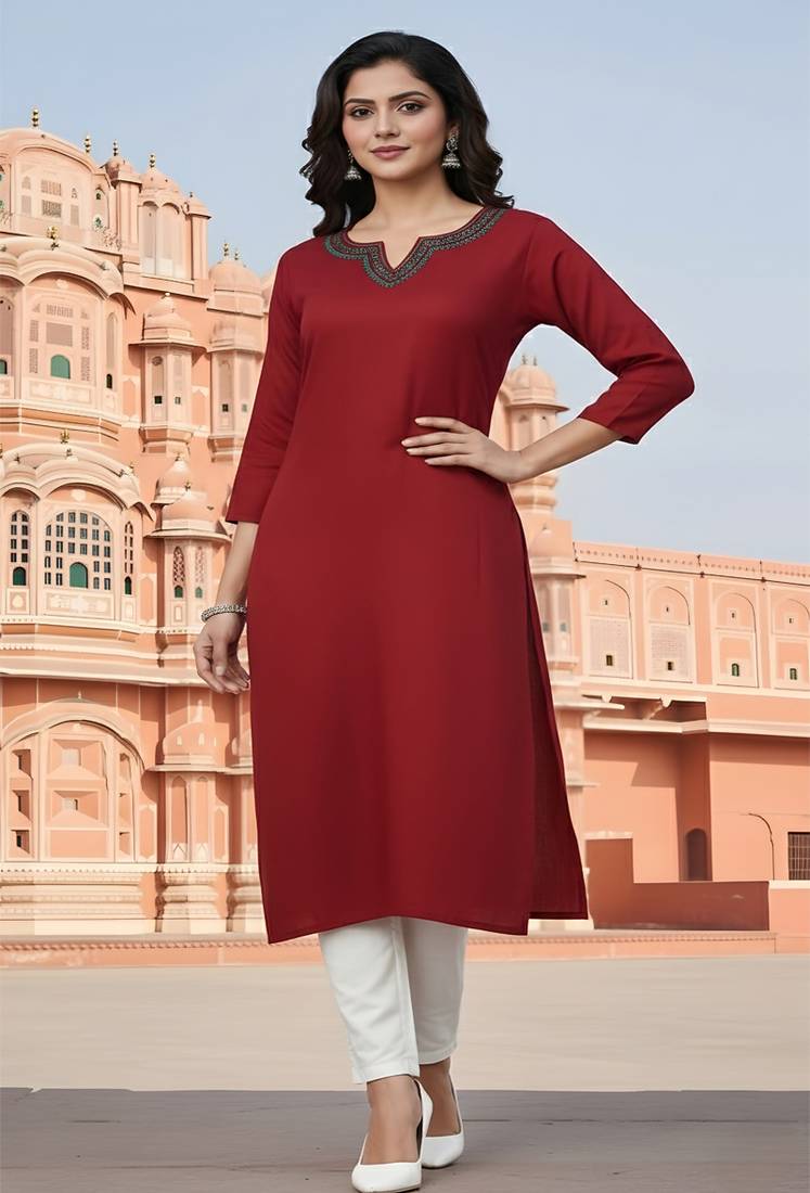 Red  embroidered rayon kurta set