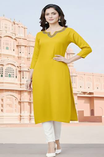 Yellow embroidered rayon kurta set