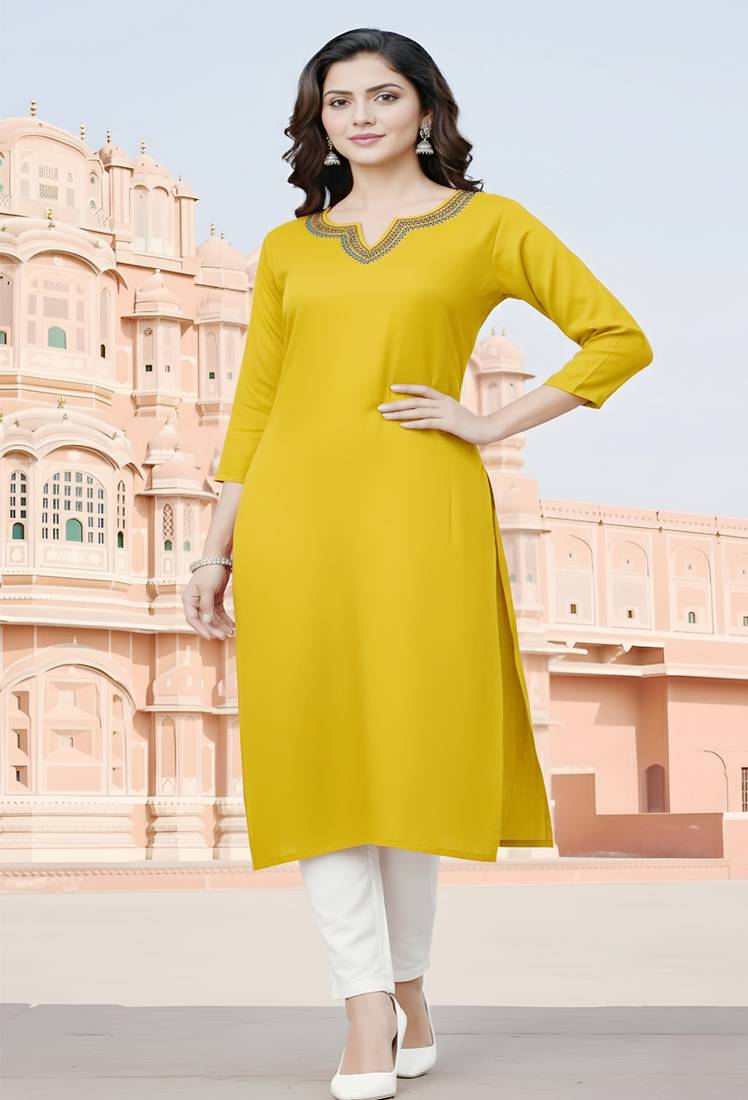 Yellow embroidered rayon kurta set