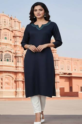 Navy embroidered rayon kurta set