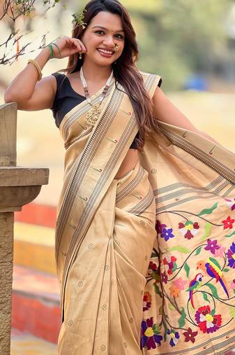 golden tissue paithani silk saree with zari weave