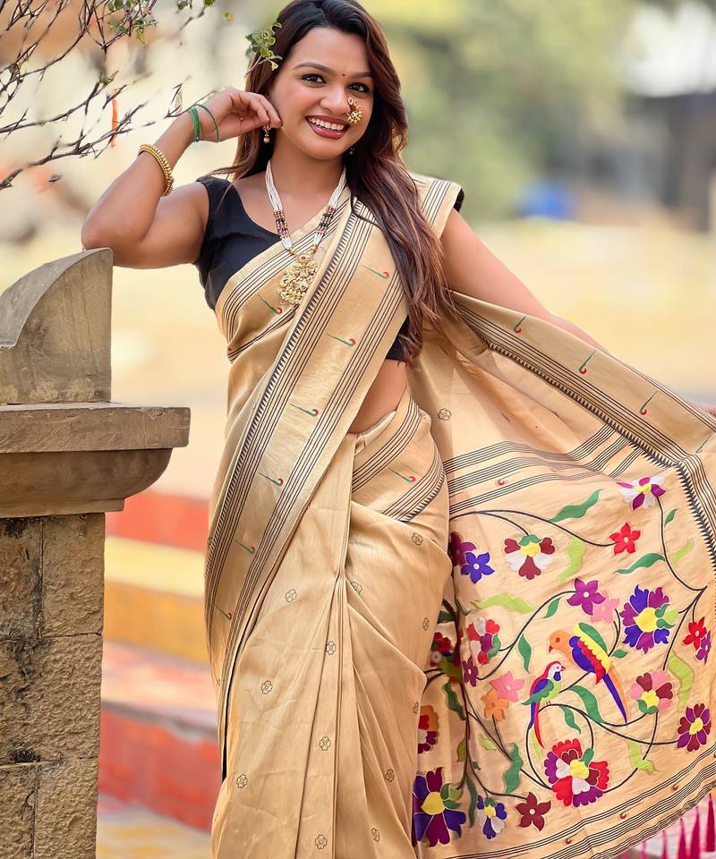 golden tissue paithani silk saree with zari weave
