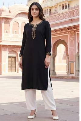 Black embroidered rayon kurta set 3