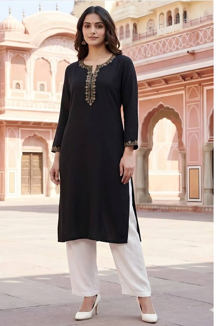 Black embroidered rayon kurta set
