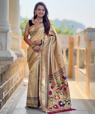 golden tissue paithani silk saree with zari weave 2