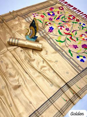 golden tissue paithani silk saree with zari weave 3