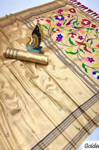 golden tissue paithani silk saree with zari weave