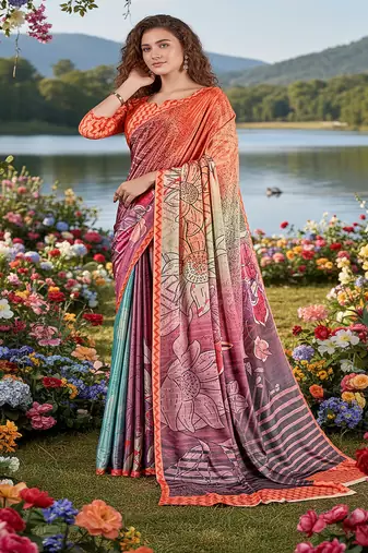 multicolor premium printed saree with blouse