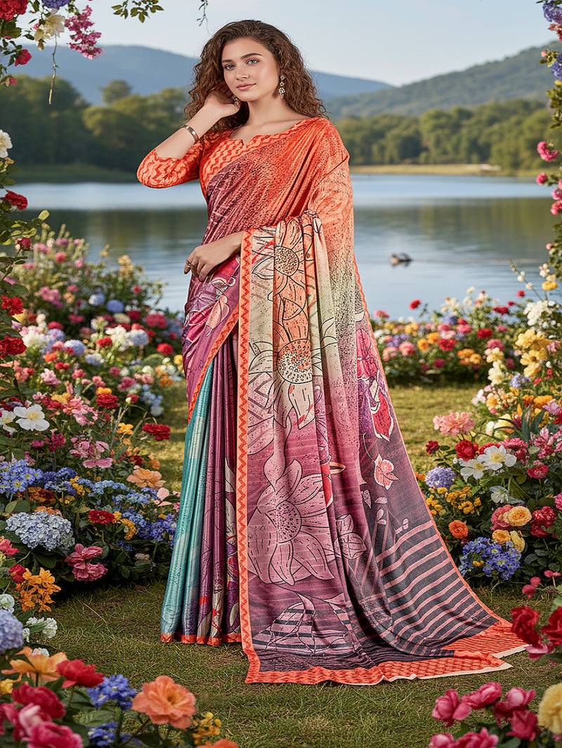 multicolor premium printed saree with blouse