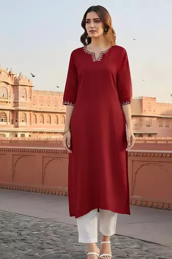 Red  embroidered rayon kurta set