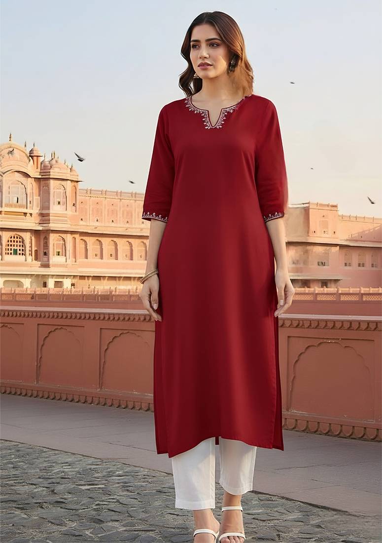 Red  embroidered rayon kurta set