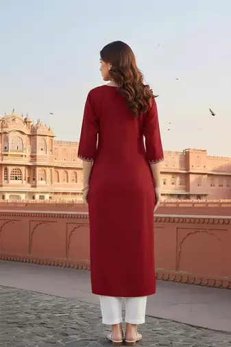 Red  embroidered rayon kurta set