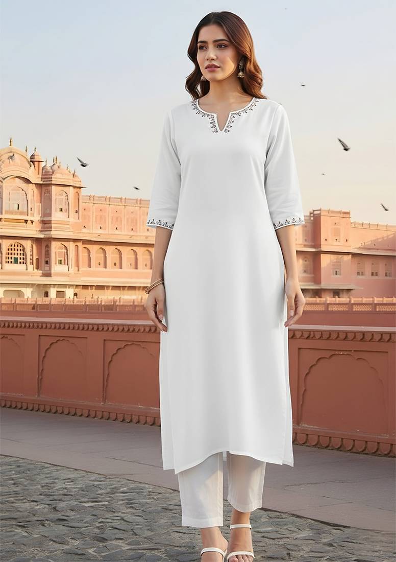 White  embroidered rayon kurta set