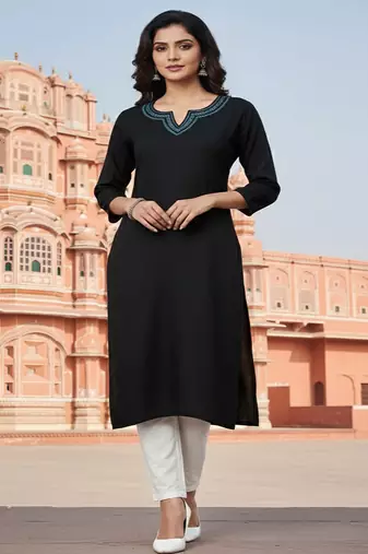 Black embroidered rayon kurta set