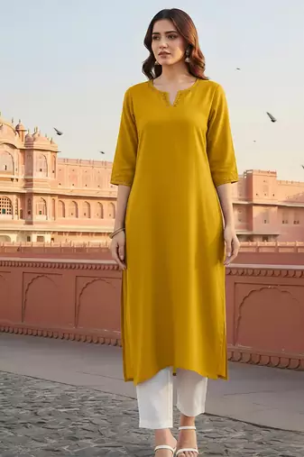 Yellow embroidered rayon kurta set