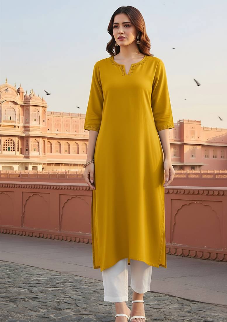 Yellow embroidered rayon kurta set