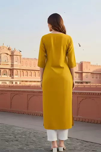 Yellow embroidered rayon kurta set