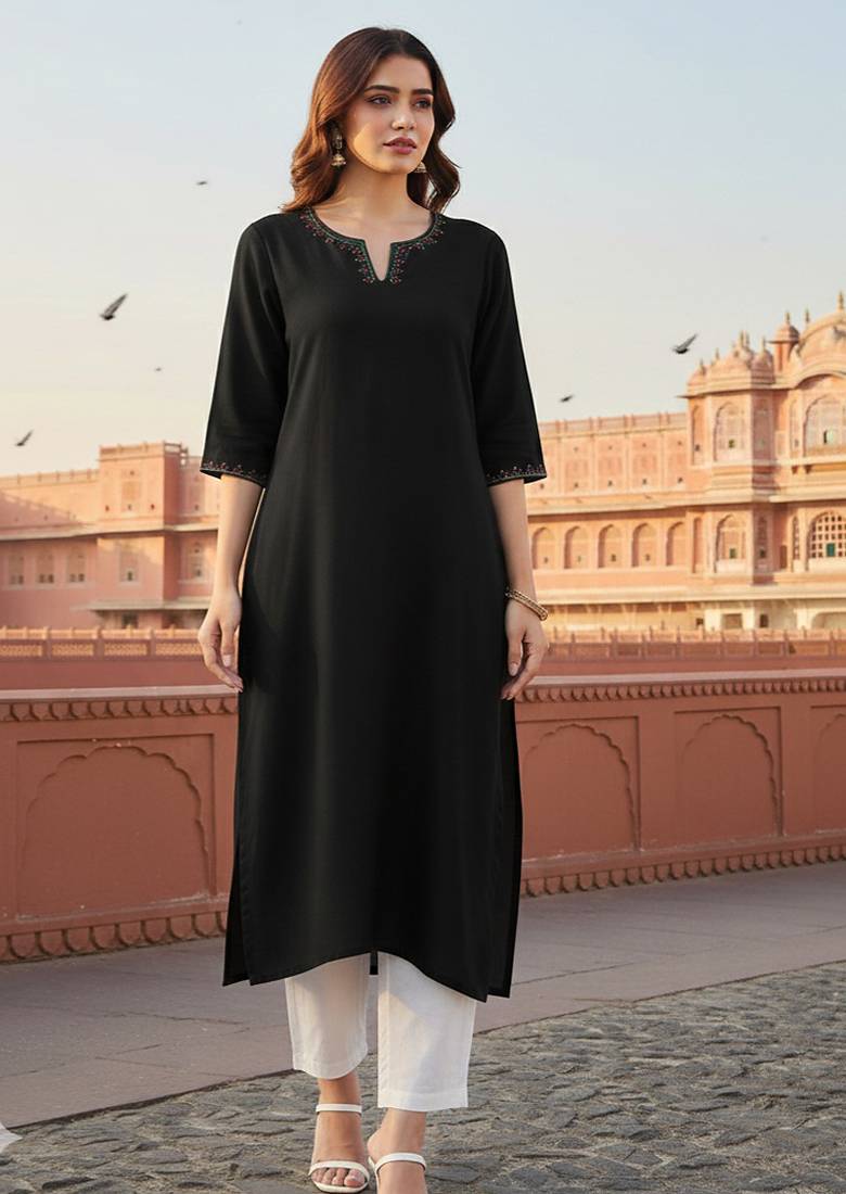 Black embroidered rayon kurta set
