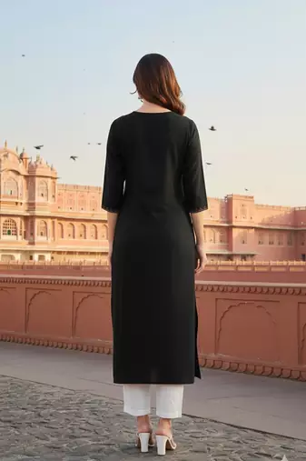 Black embroidered rayon kurta set