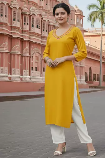 Yellow embroidered rayon kurta set