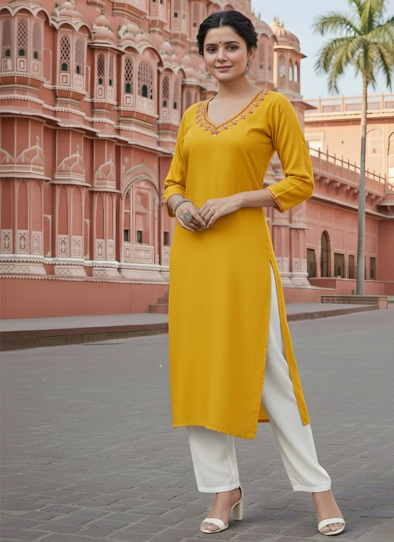 Yellow embroidered rayon kurta set