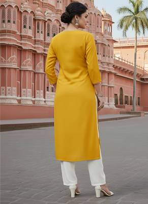 Yellow embroidered rayon kurta set 2