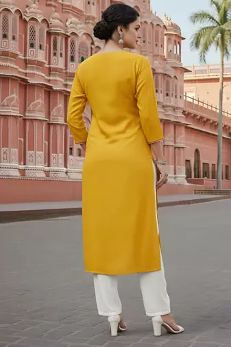 Yellow embroidered rayon kurta set