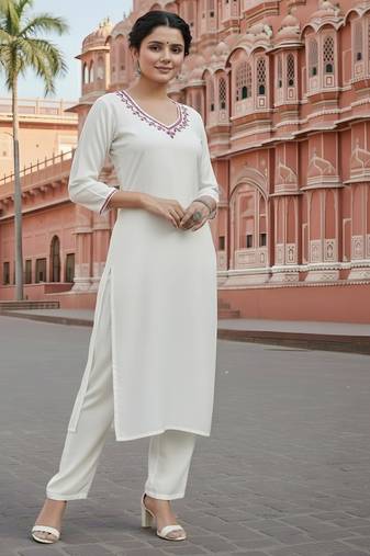 White embroidered rayon kurta set